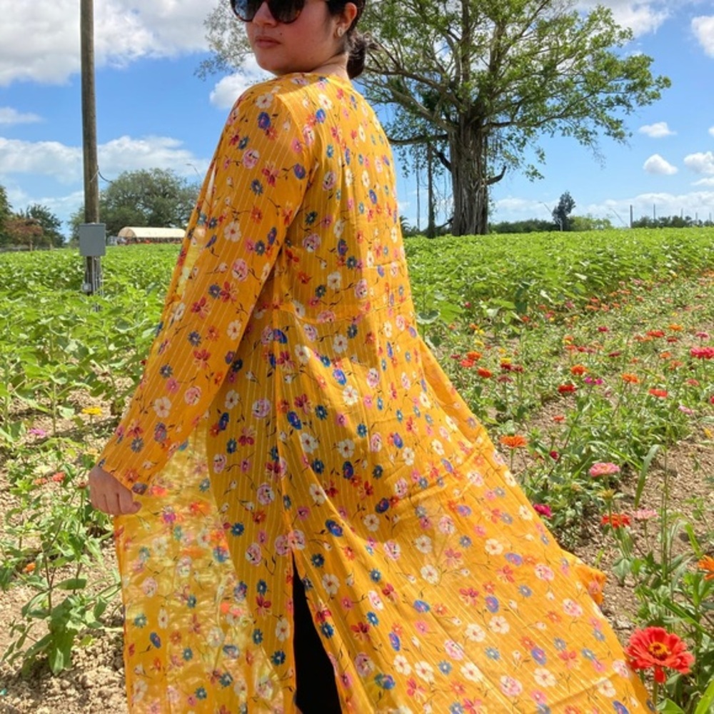 Gold floral lurex long duster cardigan coverup